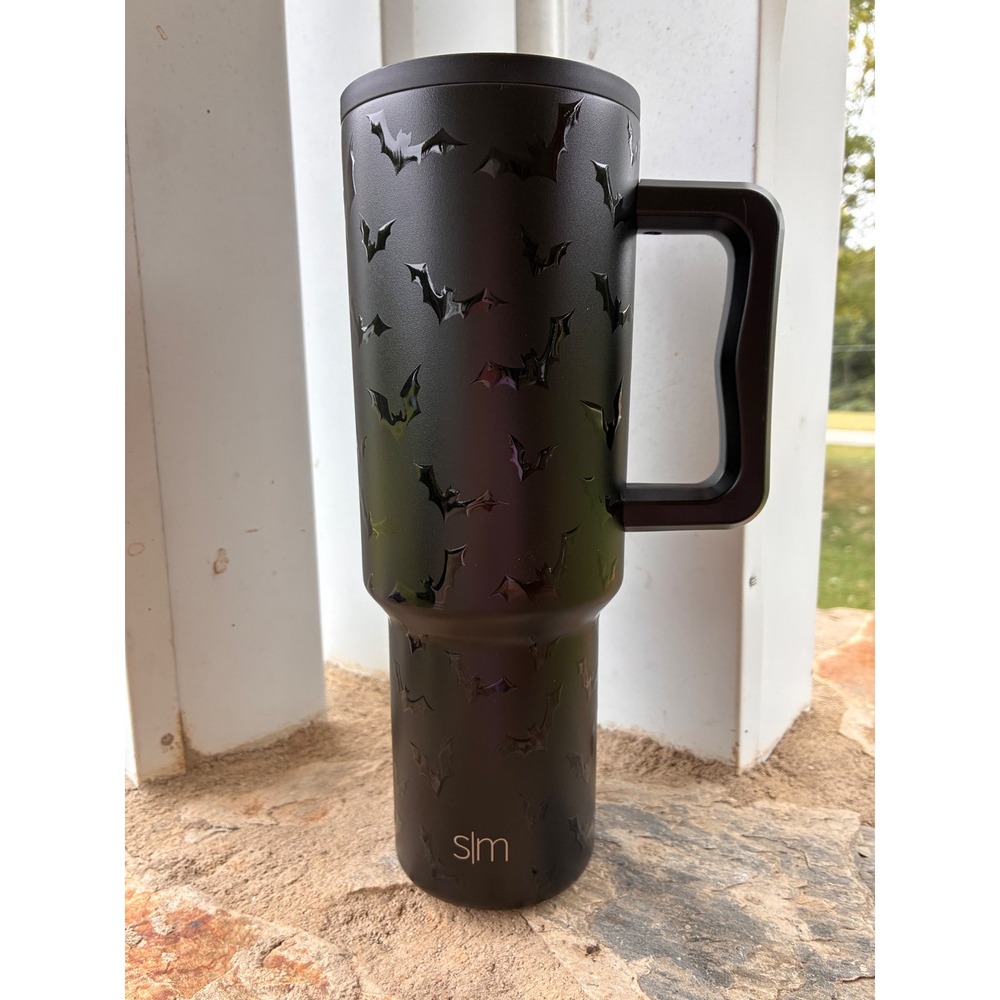 Simple Modern 40oz Trek Tumbler Matte Black Embossed Bats Straw Handle New